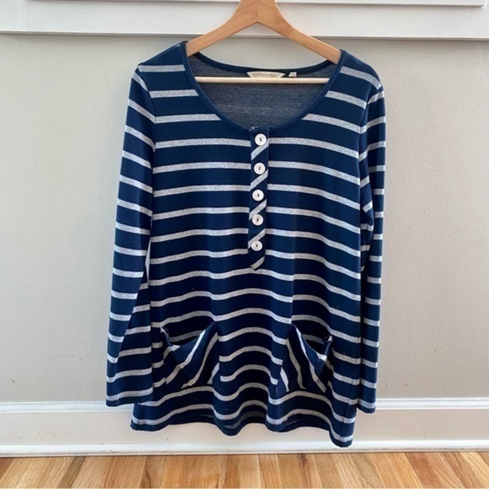 Soft Surroundings Parker Tunic Navy Blue Gray Long Sleeve Pocket Stripe Top